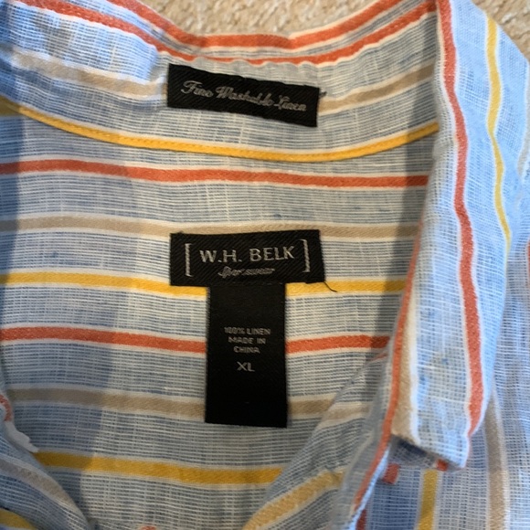 W.H. Belk Striped Linen Button Down Shirt - XL; Blue, Orange, Yellow, Tan - Picture 2 of 4